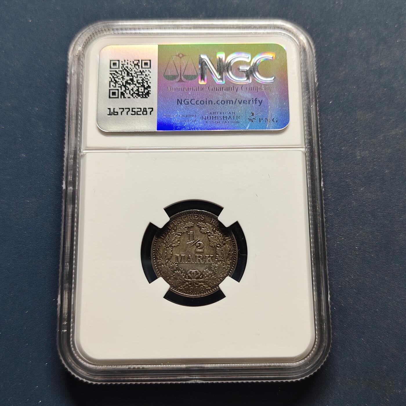 【全场包邮】纯粹捡漏拍495场-持续更新中 德国第二帝国1918年1/2马克银币（彩色包浆）-NGC MS64