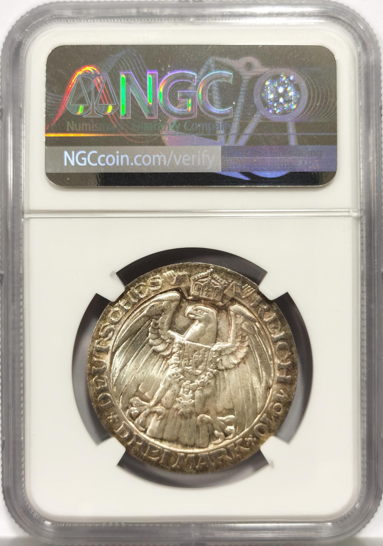 博洋堂世界钱币拍卖第157期（全场包邮） NGC MS64 德国普鲁士1910年柏林大学3马克银币，淡金包浆略带环彩。