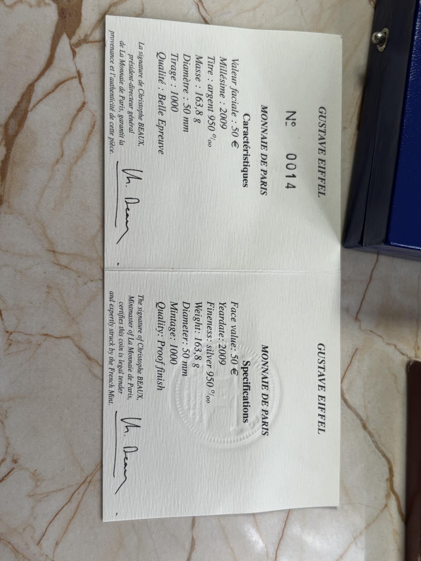 第188期拍卖 法国2009年巴黎埃菲尔铁塔120周年5盎司加厚银币，950银，163.8克，发行1000枚，塑料盒有破