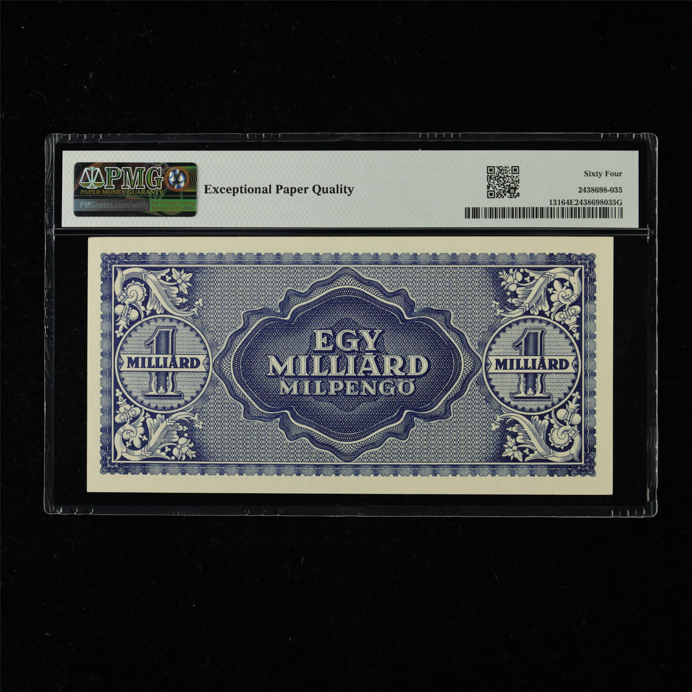 【亘邦集藏】第218期拍卖 1946年 匈牙利10亿潘戈 PMG 64EPQ 2438698-035