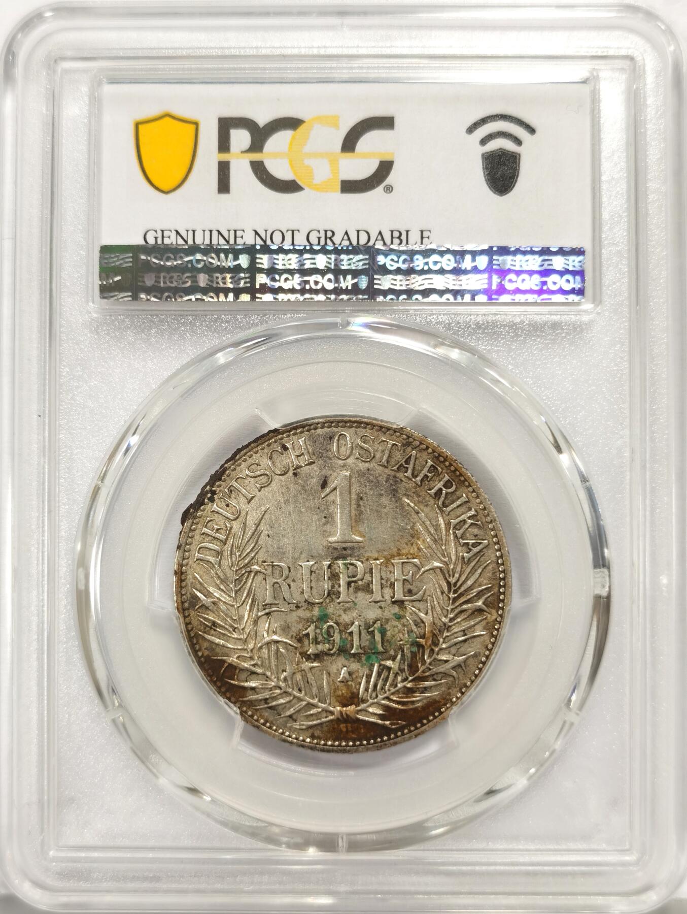 博洋堂世界钱币拍卖第157期（全场包邮） PCGS AU 德属东非1911年1卢比银币 是A标柏林厂，不是常见的J标汉堡厂，好品非常少见，价格也相差很大，国内出现过没几次，P的有分记录只有3枚