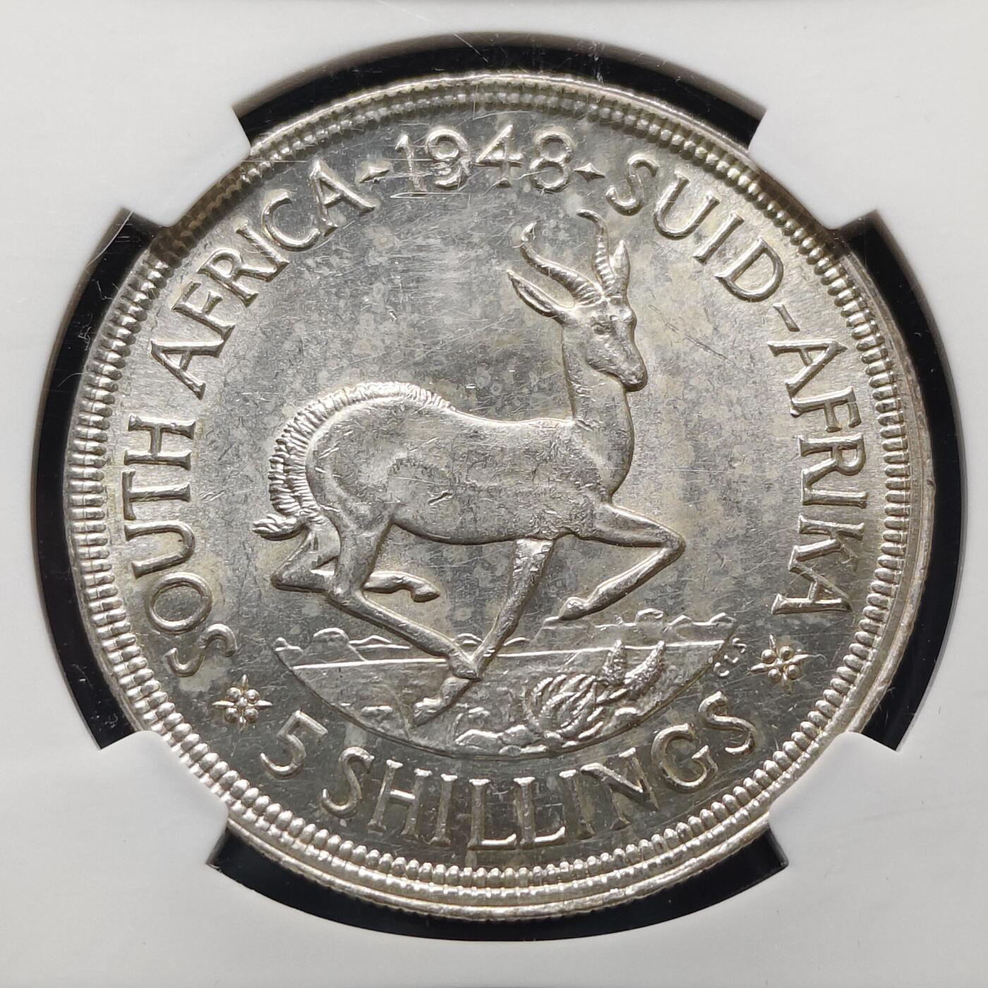 【全场包邮】纯粹捡漏拍495场-持续更新中 南非1948年乔治六世5先令羚羊克朗型银币【38.61毫米28.28克，纯银价约407元（按18元银价折算）】-NGC UNC DETAILS
