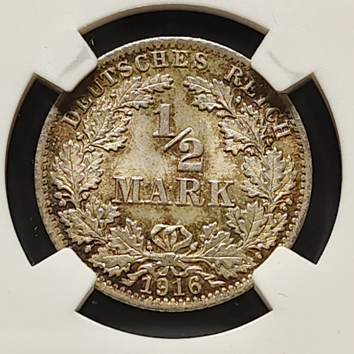 【全场包邮】纯粹捡漏拍495场-持续更新中 德国第二帝国1916年1/2马克银币（彩色包浆）-NGC MS66