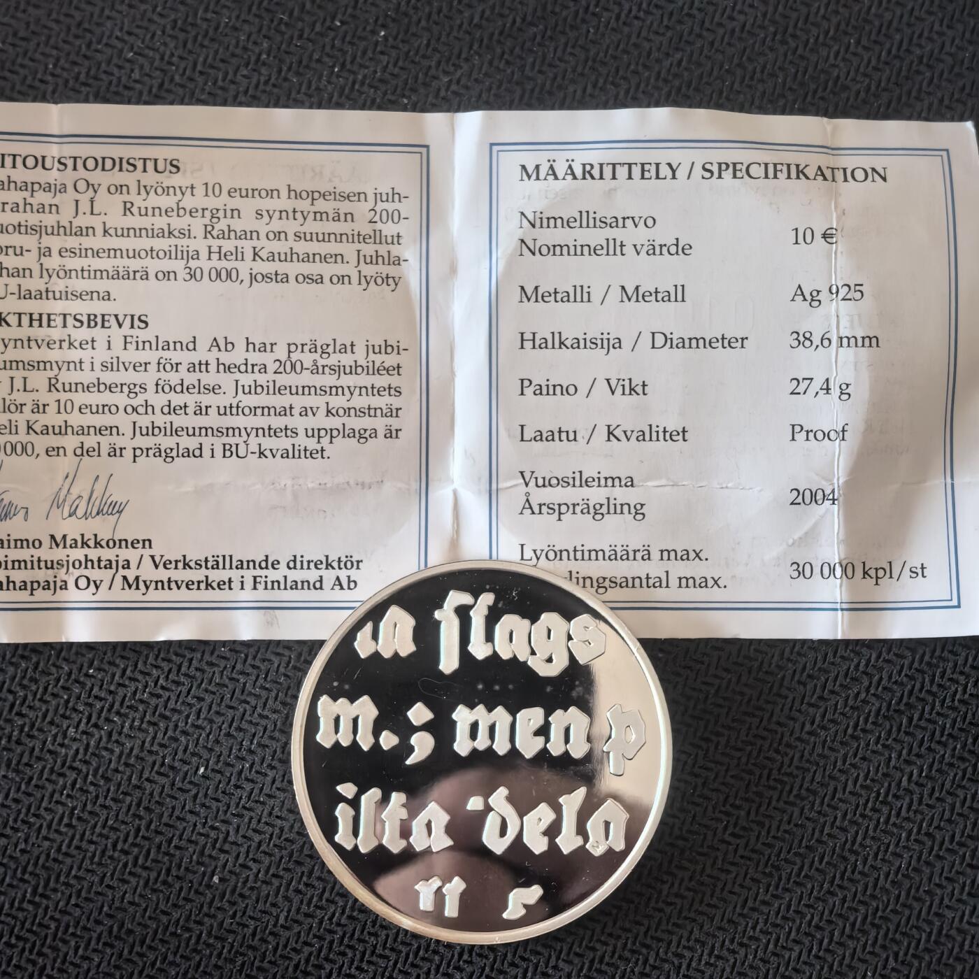 道一币馆币章第一百六十三场 带证书 芬兰2004年约翰·路德维希·伦斯伯格诞辰200周年10欧元精制银币