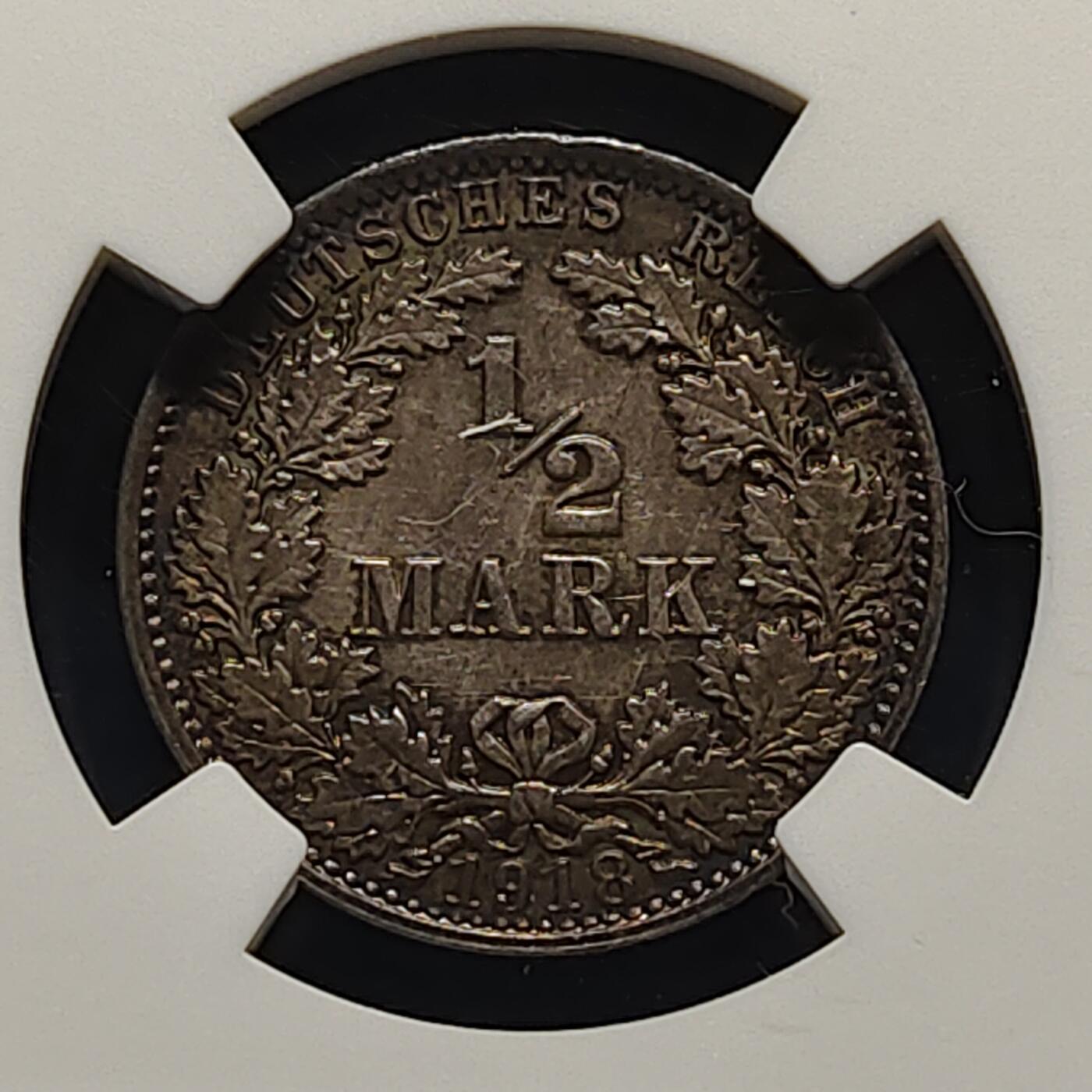 【全场包邮】纯粹捡漏拍495场-持续更新中 德国第二帝国1918年1/2马克银币（彩色包浆）-NGC MS64