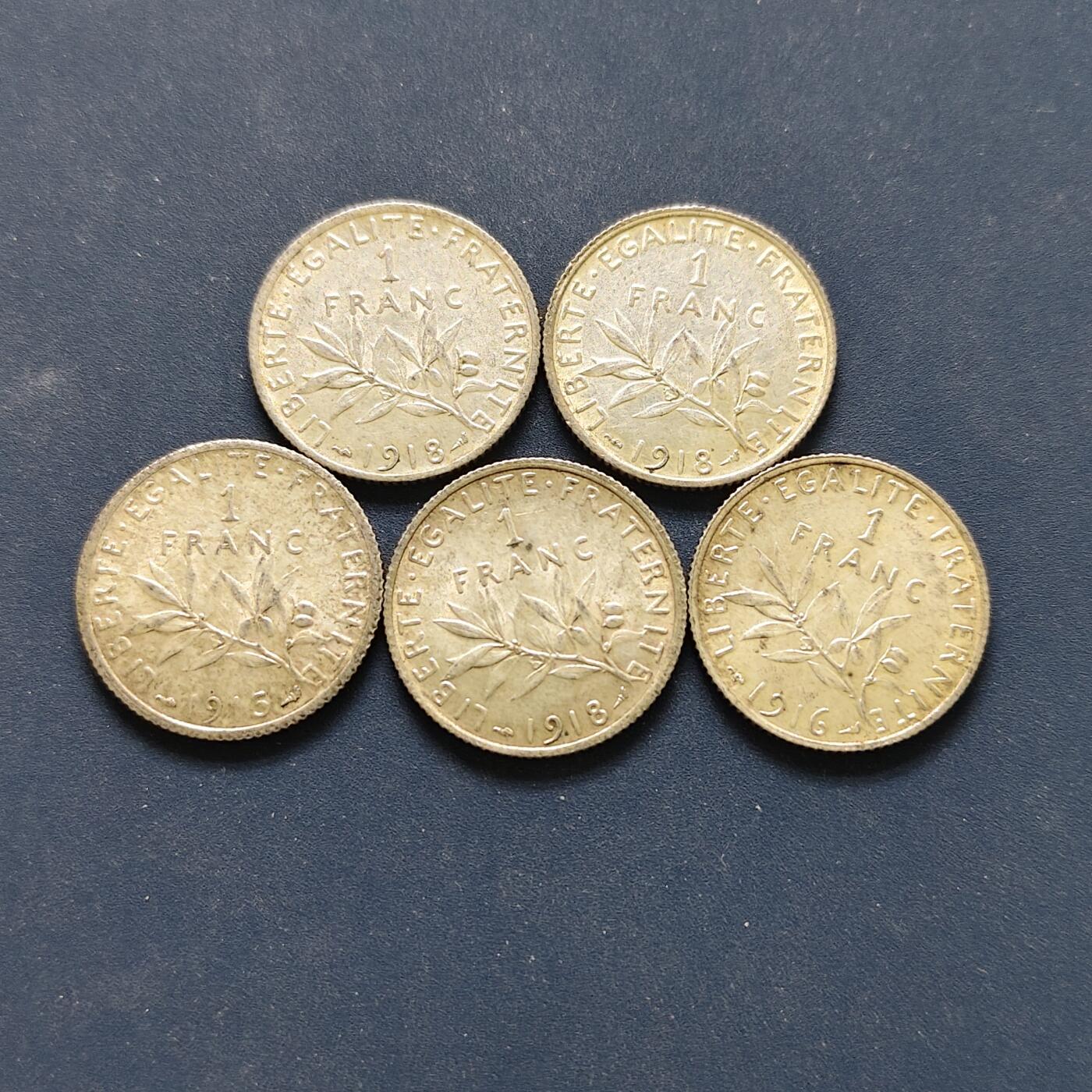 【全场包邮】纯粹捡漏拍494场 法国1915-1918年播种女神1法郎银币5枚一组【23毫米5克，纯银价约417元（按20元银价折算）】