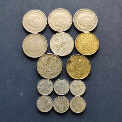 【全场包邮】纯粹捡漏拍494场 - 西班牙各年份散币14枚一组-含1937年1比塞塔