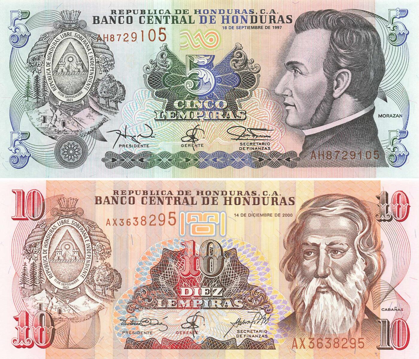 小福收藏拍卖第199期 裸钞场 本期有多张豹子号靓号 瑞士1000法郎 经典提香 毛里求斯首发年大全套 白俄罗斯5000000卢布 苏里南10000盾  爱沙尼亚  苏丹 西班牙 保加利亚 古巴等多国精美纸币 洪都拉斯 1997年 5伦皮拉 P-81b +2000年 10伦皮拉 无47 国内独家 1组2张 unc