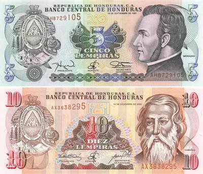 小福收藏拍卖第199期 裸钞场 本期有多张豹子号靓号 瑞士1000法郎 经典提香 毛里求斯首发年大全套 白俄罗斯5000000卢布 苏里南10000盾  爱沙尼亚  苏丹 西班牙 保加利亚 古巴等多国精美纸币 - 洪都拉斯 1997年 5伦皮拉 P-81b +2000年 10伦皮拉 无47 国内独家 1组2张 unc