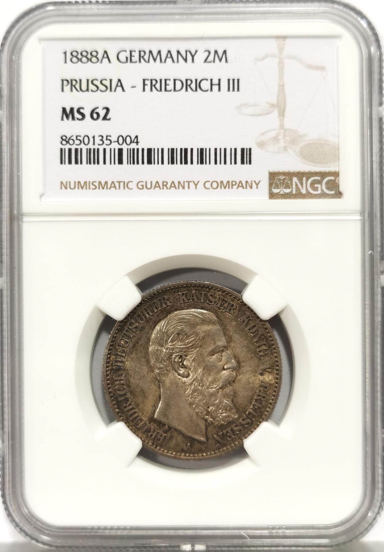 博洋堂世界钱币拍卖第157期（全场包邮） NGC MS62 德国普鲁士1888年弗里德里希三世短翅鹰2马克，经典的咖啡色包浆，底板丝滑，明显低评了。