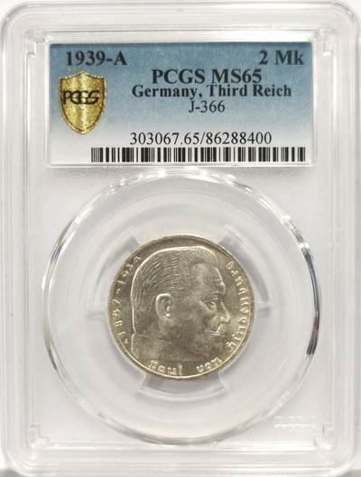 博洋堂世界钱币拍卖第157期（全场包邮） - PCGS MS65 德国1939年A版第三帝国兴登堡2马克银币 原光品相 冠军分数