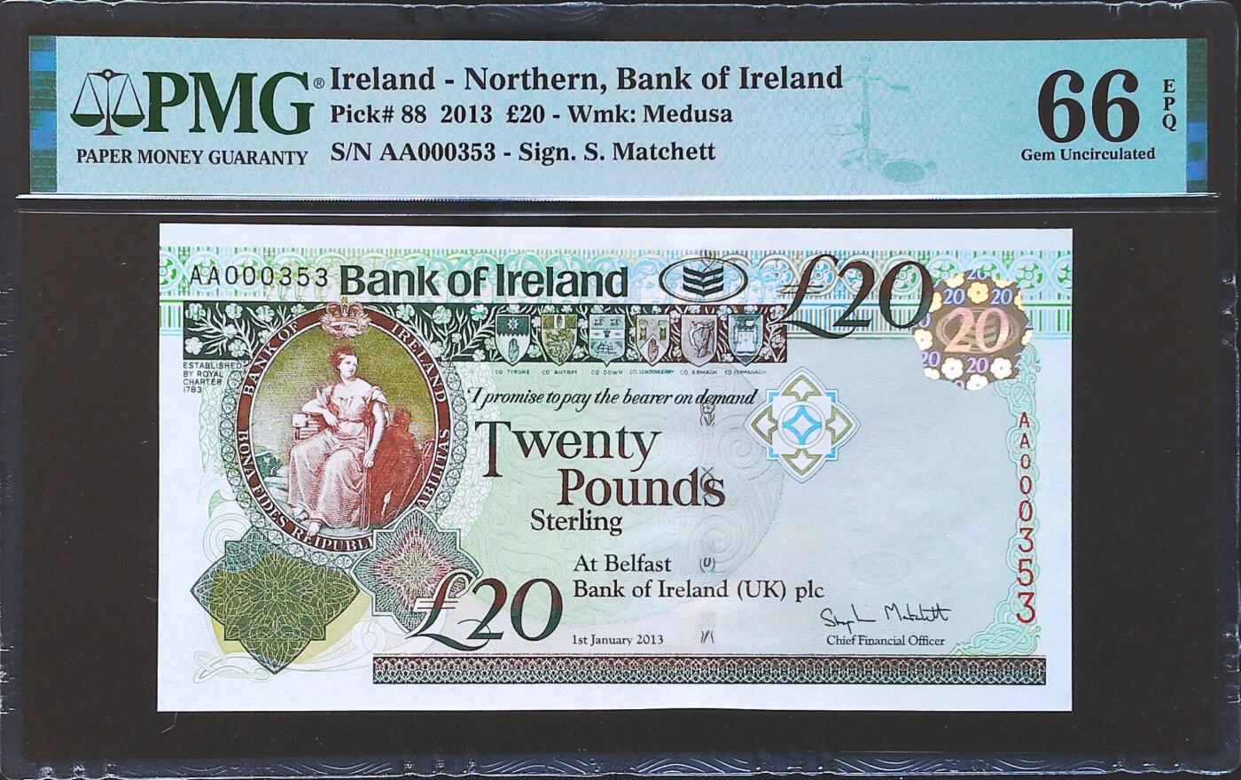 世界靓号纸钞第八十一期 2013年北爱尔兰20镑 首发AA冠 百位号 353号 PMG66