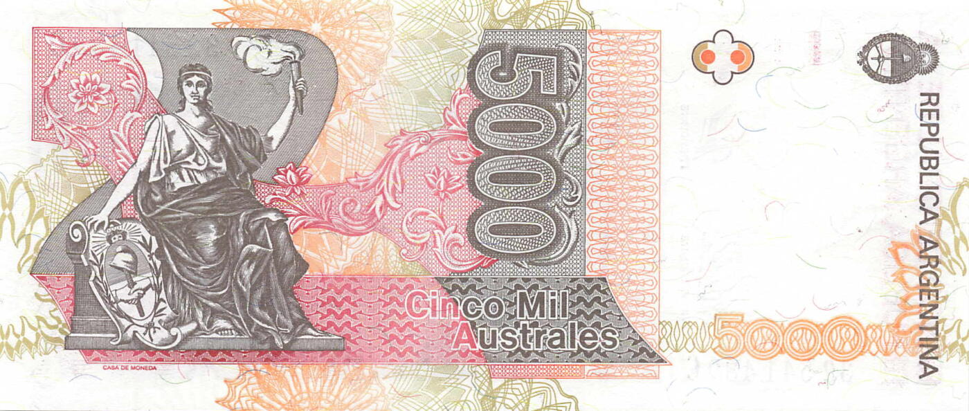 小福收藏拍卖第199期 裸钞场 本期有多张豹子号靓号 瑞士1000法郎 经典提香 毛里求斯首发年大全套 白俄罗斯5000000卢布 苏里南10000盾  爱沙尼亚  苏丹 西班牙 保加利亚 古巴等多国精美纸币 阿根廷 1989-1991年 5000奥斯特 unc