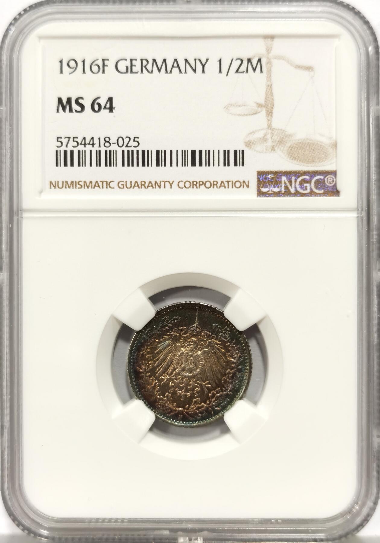 博洋堂世界钱币拍卖第157期（全场包邮） NGC MS64 德国1916年F版1/2马克银币