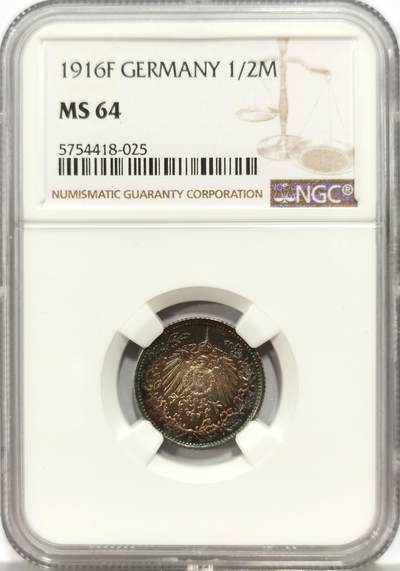 博洋堂世界钱币拍卖第157期（全场包邮） - NGC MS64 德国1916年F版1/2马克银币