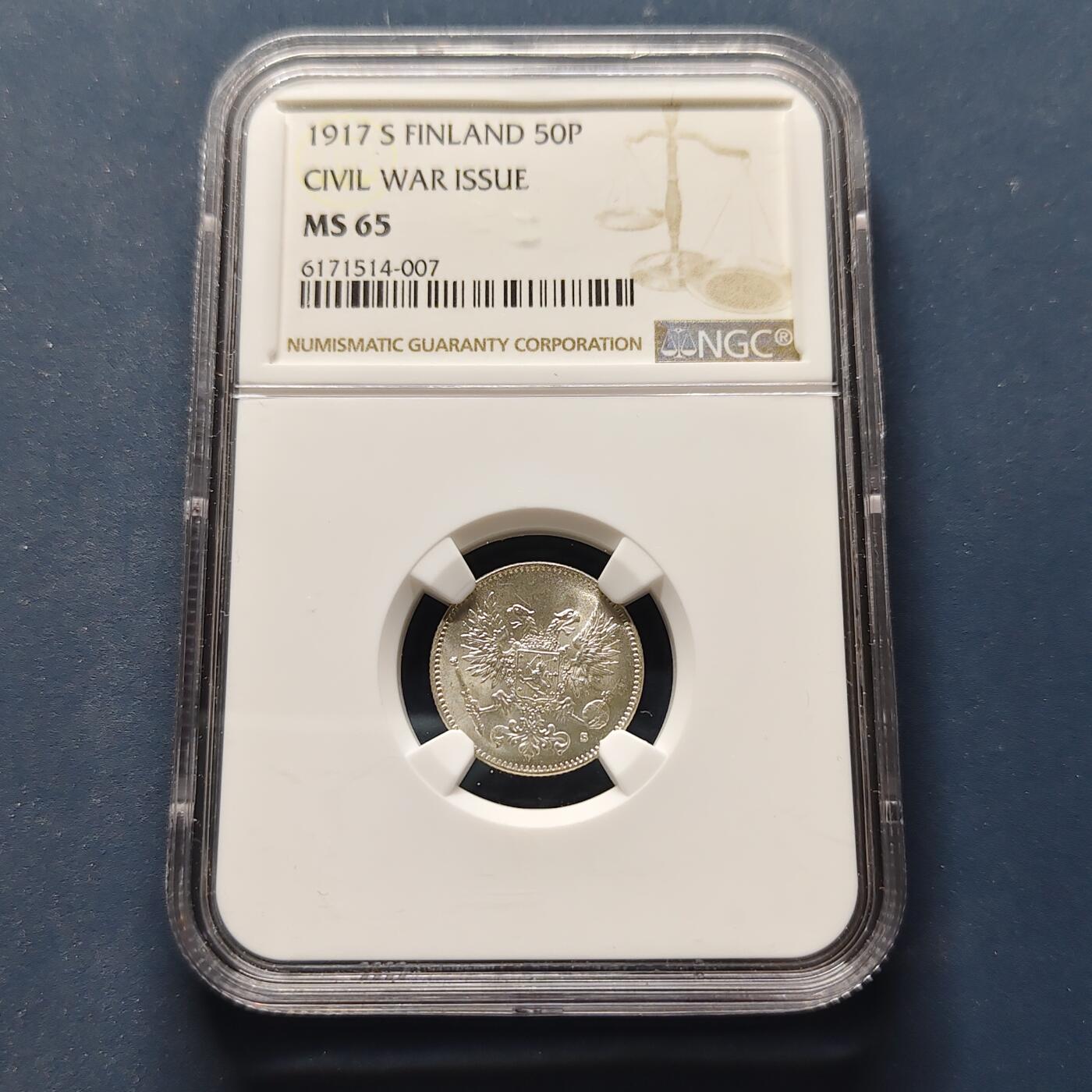 【全场包邮】纯粹捡漏拍495场-持续更新中 【收藏级】芬兰1917年内战版无冠双头鹰50盆尼银币-NGC MS65