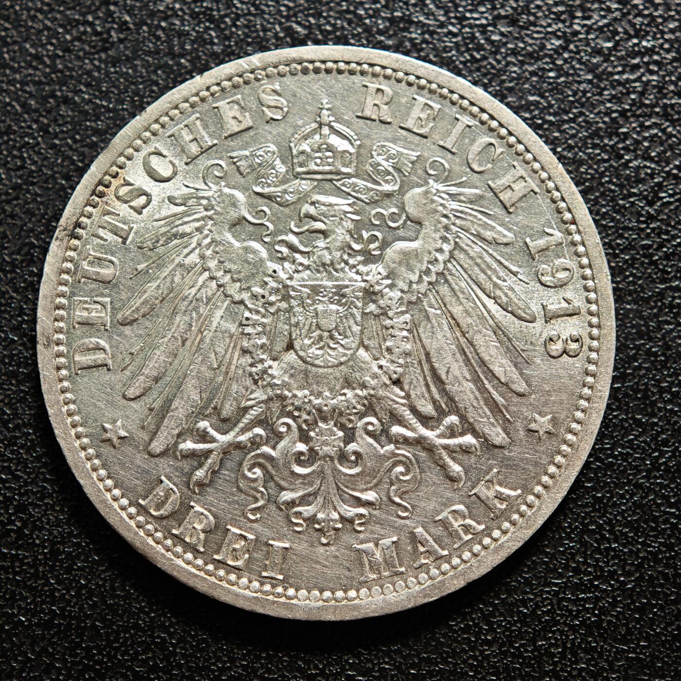 【德藏】世界币章拍卖第162期（拍品征集中~欢迎藏友联系） 1913年 德国普鲁士威廉二世军装3马克银币 直径约：33mm；重约：16.6g