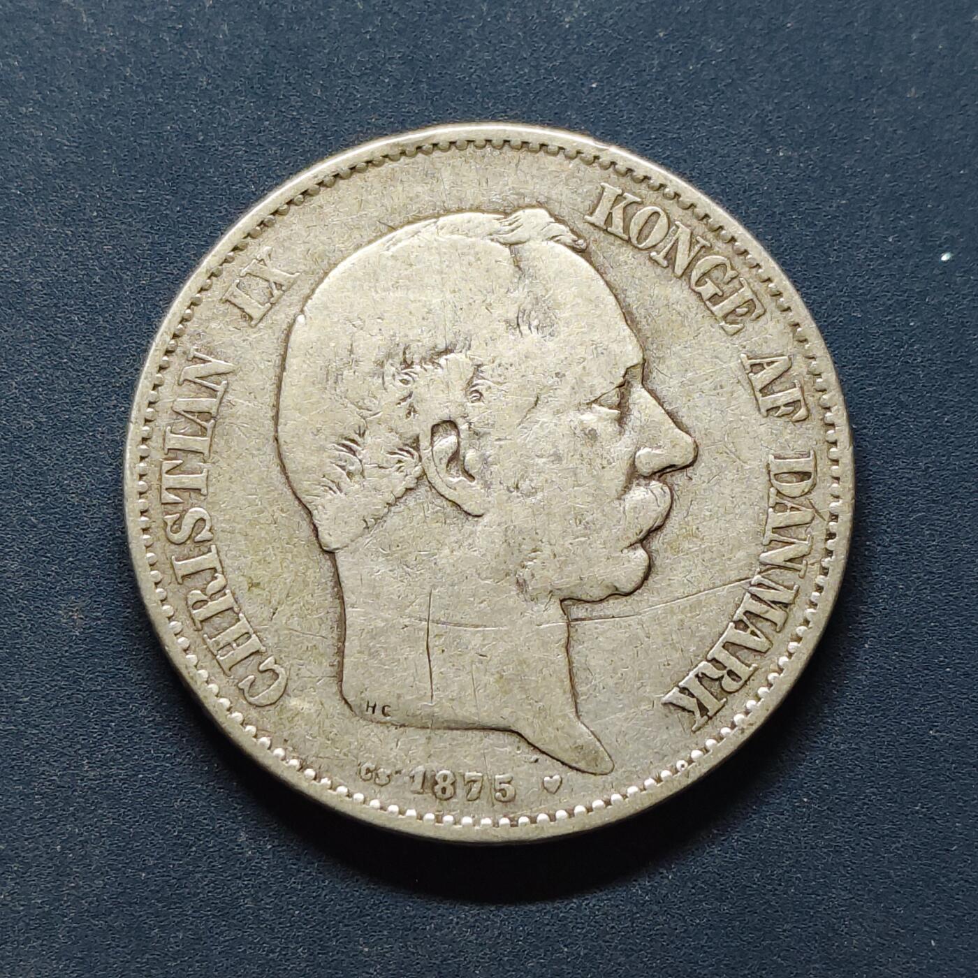 【全场包邮】纯粹捡漏拍495场-持续更新中 丹麦1875年克里斯蒂安九世2克朗银币【30毫米15克，纯银价约240元（按20元银价折算）】