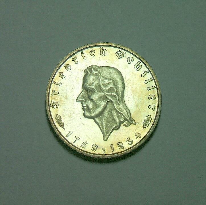 【旋风钱币】1月17日19:00准时开拍 精美欧洲币章、银币银章、第三帝国钱币等 全场包邮！ 【银】德国第三帝国1934年 席勒2马克纪念银币 稀少精制PROOF版 黄金包浆