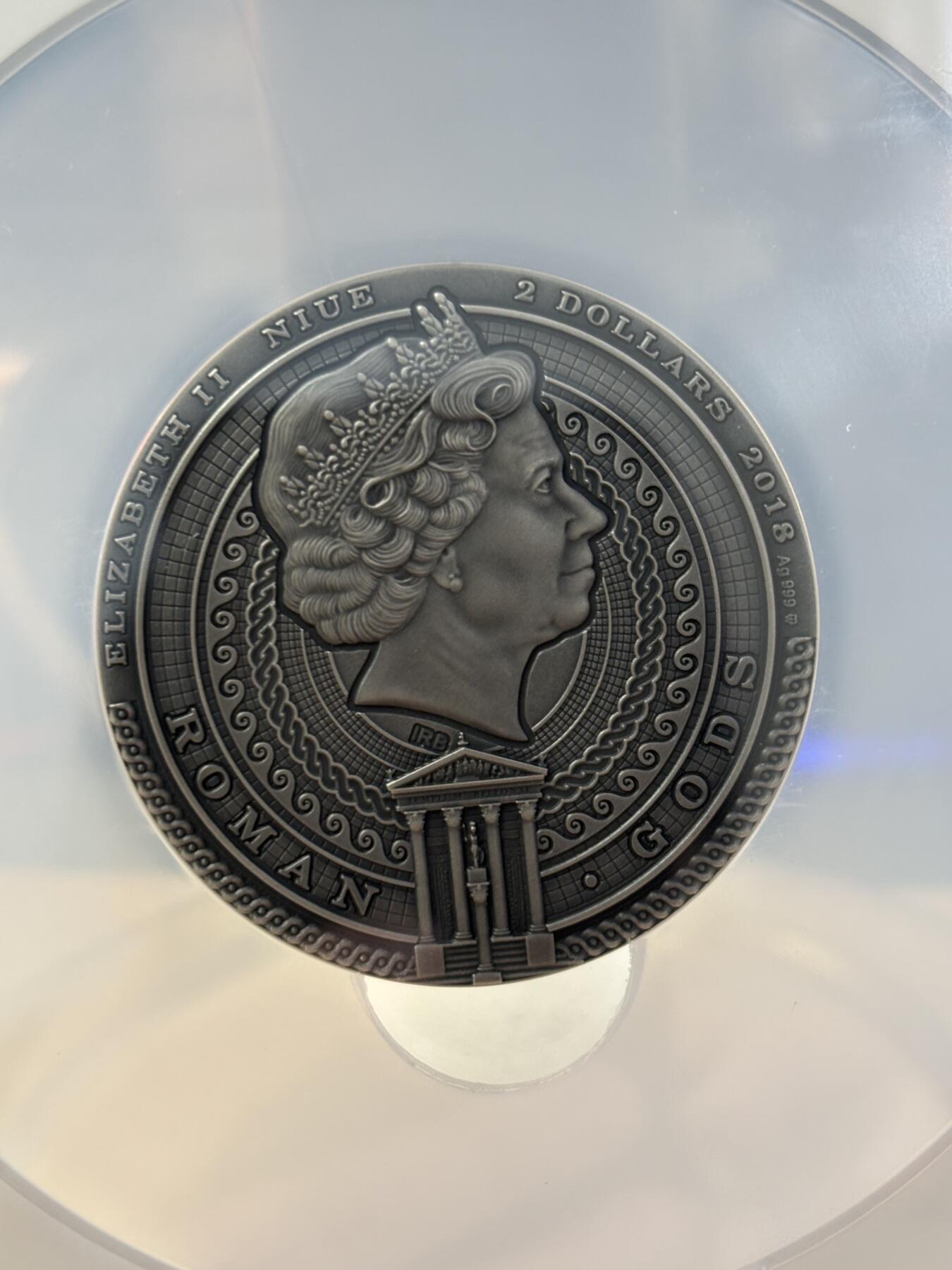 第188期拍卖 纽埃2018年古罗马诸神2战争女神贝罗娜2盎司高浮雕银币评级币NGC-MS70无盒无证书，999银，发行量500枚