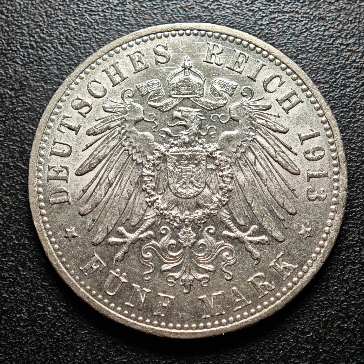 【德藏】世界币章拍卖第162期（拍品征集中~欢迎藏友联系） 1913年 德国普鲁士威廉二世军装5马克大银币 直径约：38mm；重约：27.7g