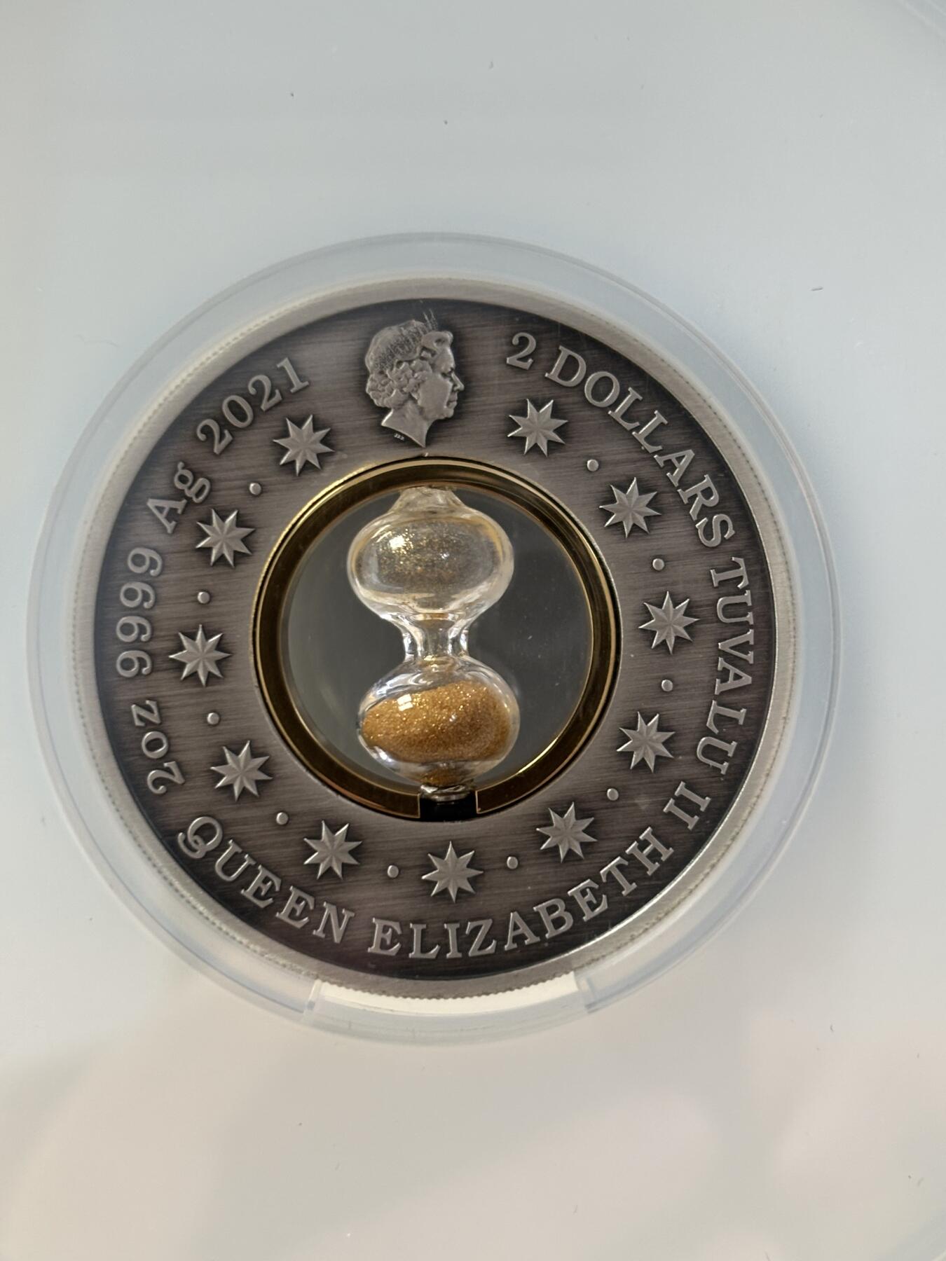 第188期拍卖  图瓦卢2021年镶嵌计时沙漏2盎司仿古纪念银币NGC-MS70首无盒无证书，999银，发行2500枚