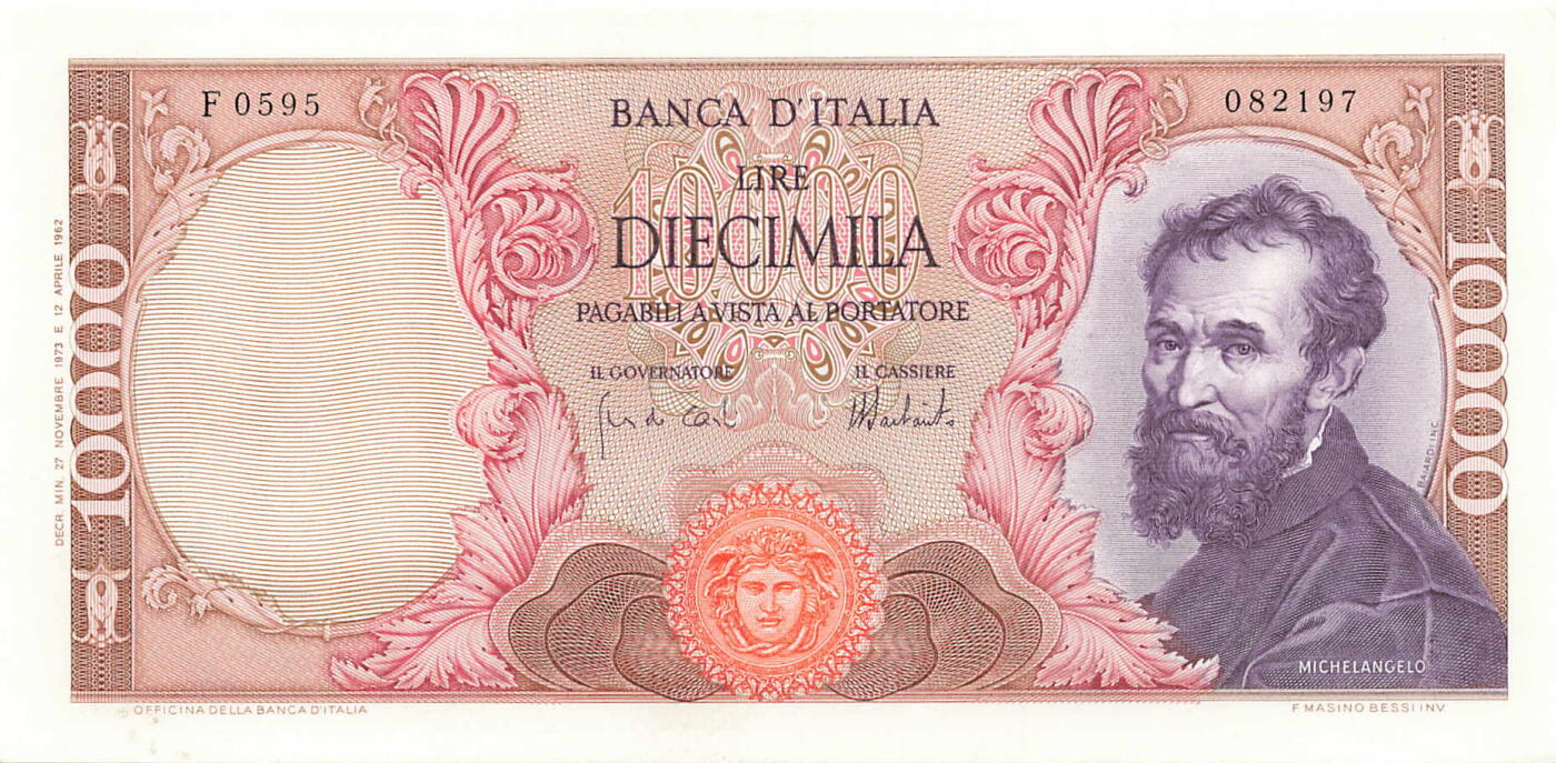 小福收藏拍卖第199期 裸钞场 本期有多张豹子号靓号 瑞士1000法郎 经典提香 毛里求斯首发年大全套 白俄罗斯5000000卢布 苏里南10000盾  爱沙尼亚  苏丹 西班牙 保加利亚 古巴等多国精美纸币 意大利 1973年 10000里拉 米开朗基罗 unc