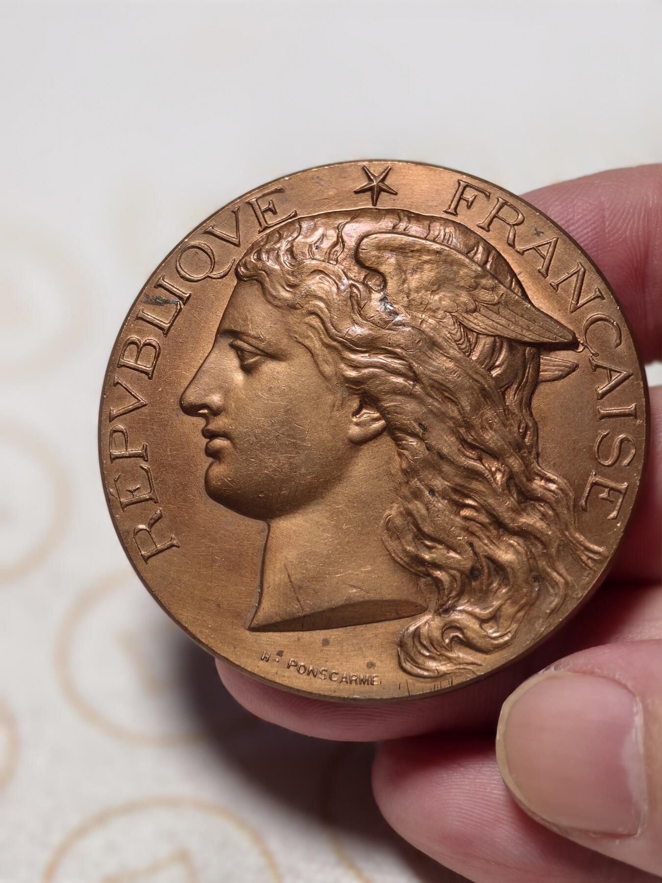 抚柳草堂-第八期章牌钱币 奖章勋章限时免佣 满百包邮 放漏专场 1887法国巴黎墨丘利大铜章 边铭丰饶角 直径52mm 重56.7g品相不错