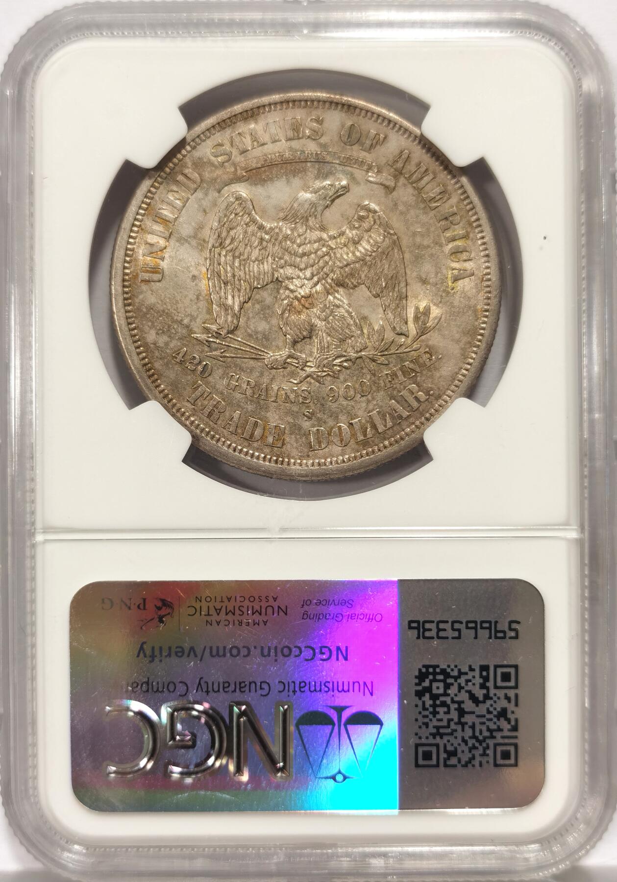 博洋堂世界钱币拍卖第157期（全场包邮） NGC AU55 美国1876年拿花贸易银币，金色包浆带光，性价比很高值得入藏的一枚