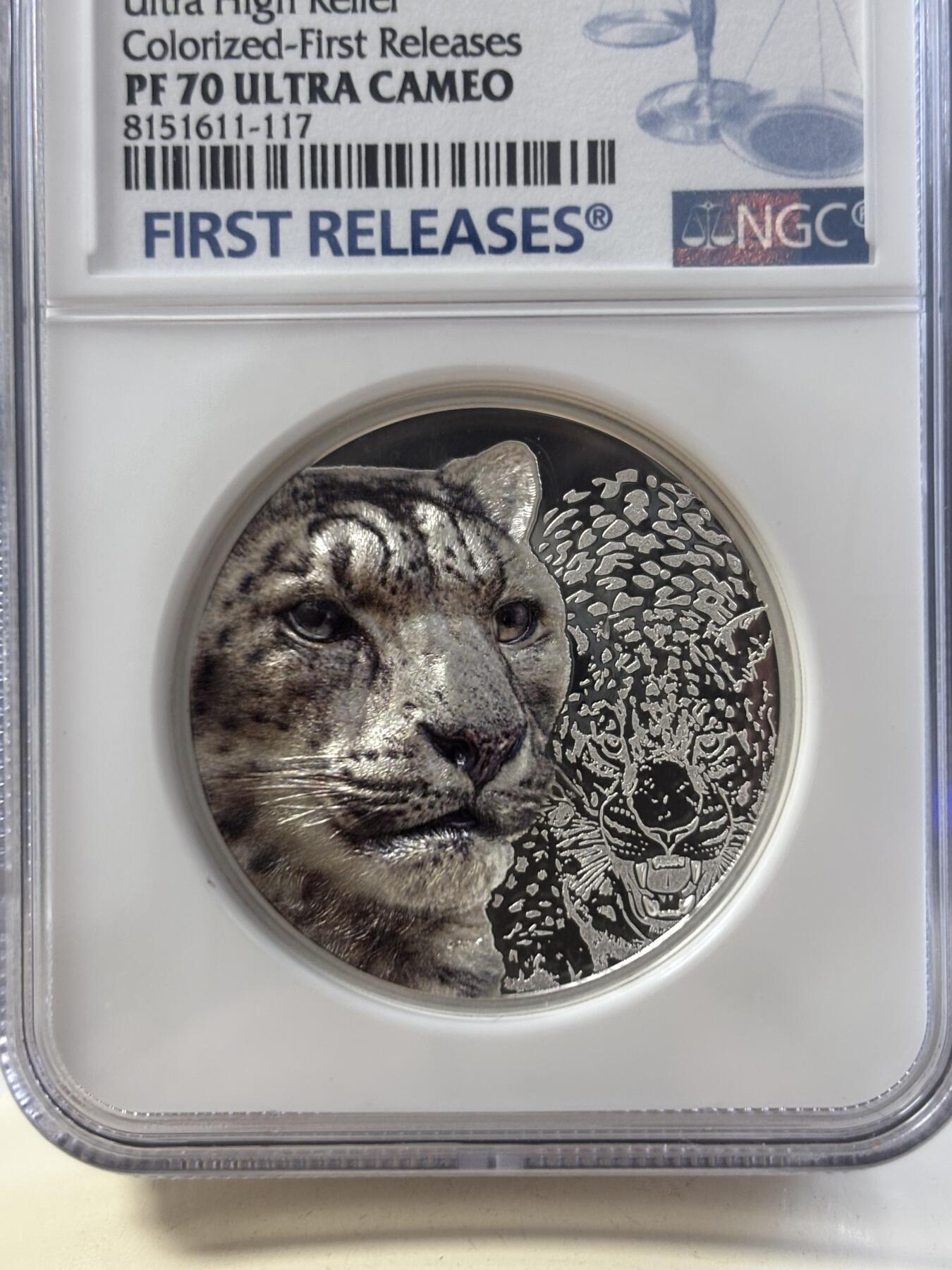 第188期拍卖 蒙古2024年草原动物雪豹1盎司彩银币NGC-PF70首期无盒无证书，9999银，发行2500枚