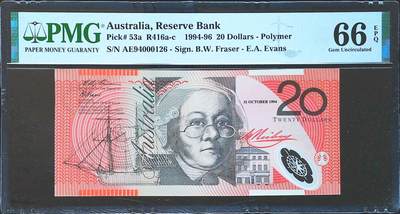 世界靓号纸钞第八十一期 - 1994年澳大利亚20元 百位号126号 PMG66