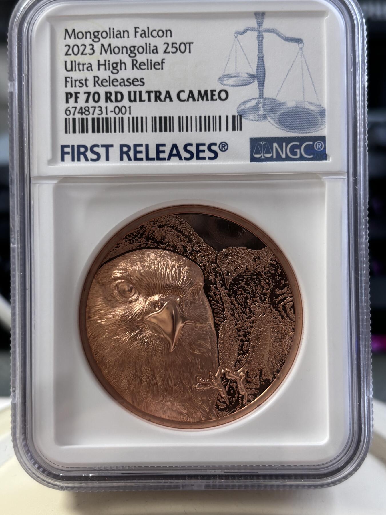 第188期拍卖 蒙古2023年野生动物猎鹰双面高浮雕铜币NGC-PF70首无原盒证书，50克