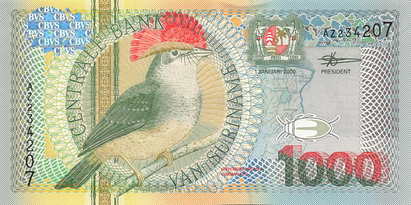 小福收藏拍卖第199期 裸钞场 本期有多张豹子号靓号 瑞士1000法郎 经典提香 毛里求斯首发年大全套 白俄罗斯5000000卢布 苏里南10000盾  爱沙尼亚  苏丹 西班牙 保加利亚 古巴等多国精美纸币 苏里南 2000年 1000盾 unc