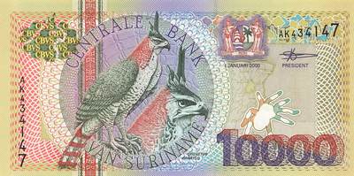 小福收藏拍卖第199期 裸钞场 本期有多张豹子号靓号 瑞士1000法郎 经典提香 毛里求斯首发年大全套 白俄罗斯5000000卢布 苏里南10000盾  爱沙尼亚  苏丹 西班牙 保加利亚 古巴等多国精美纸币 - 苏里南 2000年 10000盾 unc