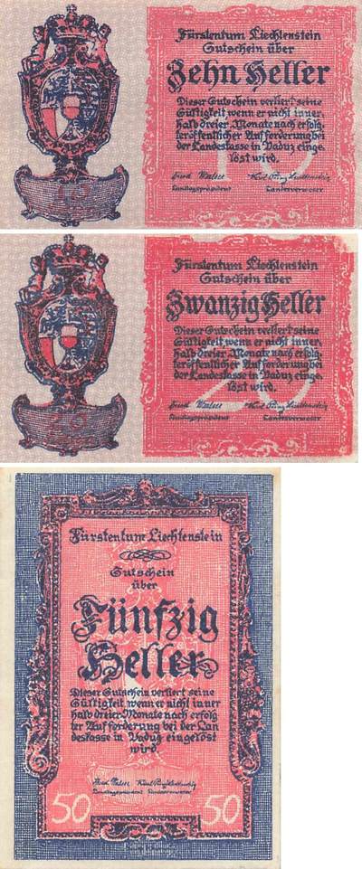 小福收藏拍卖第199期 裸钞场 本期有多张豹子号靓号 瑞士1000法郎 经典提香 毛里求斯首发年大全套 白俄罗斯5000000卢布 苏里南10000盾  爱沙尼亚  苏丹 西班牙 保加利亚 古巴等多国精美纸币 - 列支敦士登 1920年 10 20 50赫勒 百年老钞 3张全套 50赫勒右上角微黄 unc