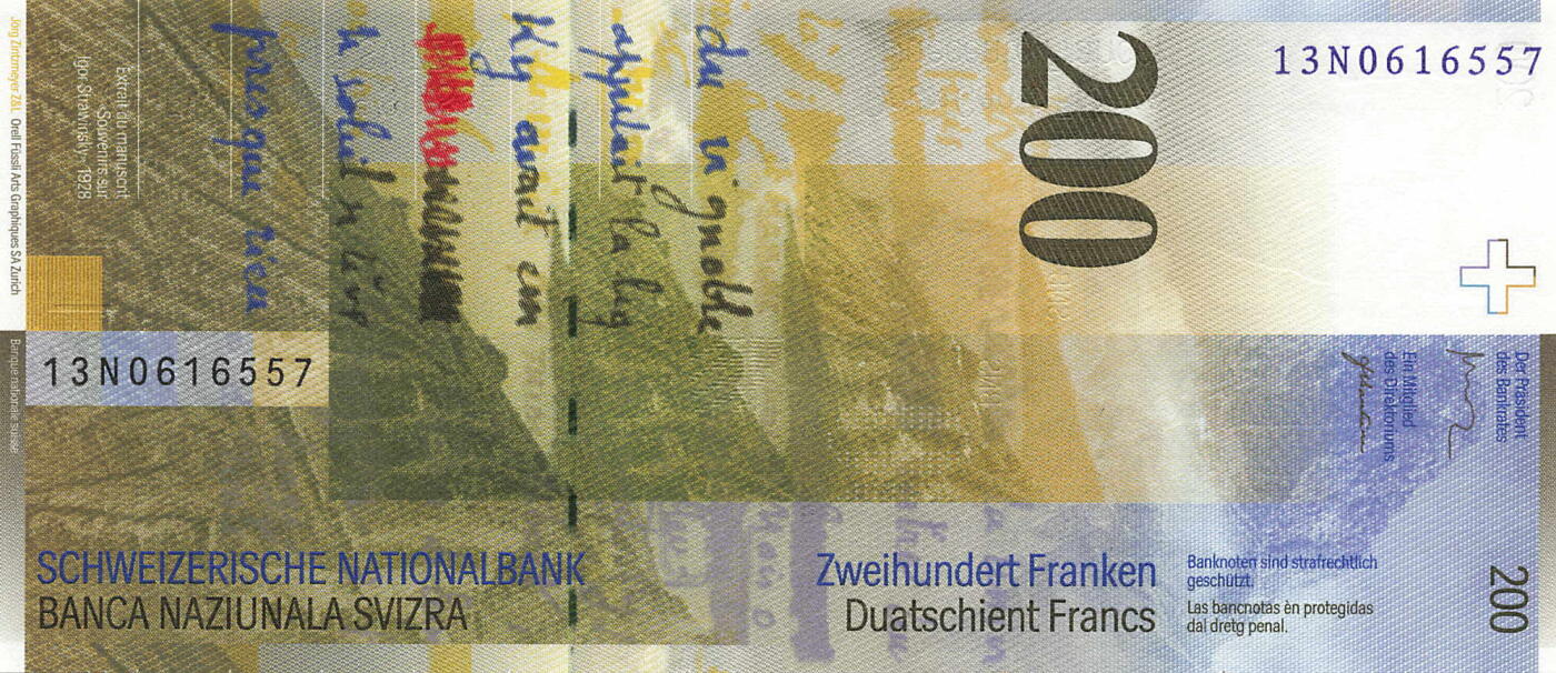 小福收藏拍卖第199期 裸钞场 本期有多张豹子号靓号 瑞士1000法郎 经典提香 毛里求斯首发年大全套 白俄罗斯5000000卢布 苏里南10000盾  爱沙尼亚  苏丹 西班牙 保加利亚 古巴等多国精美纸币 瑞士 2013年 200瑞士法郎 unc