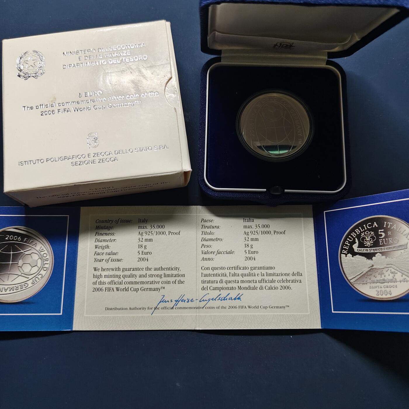 【全场包邮】纯粹捡漏拍495场-持续更新中 意大利2004年5欧元德国世界杯精制纪念银币-盒证全