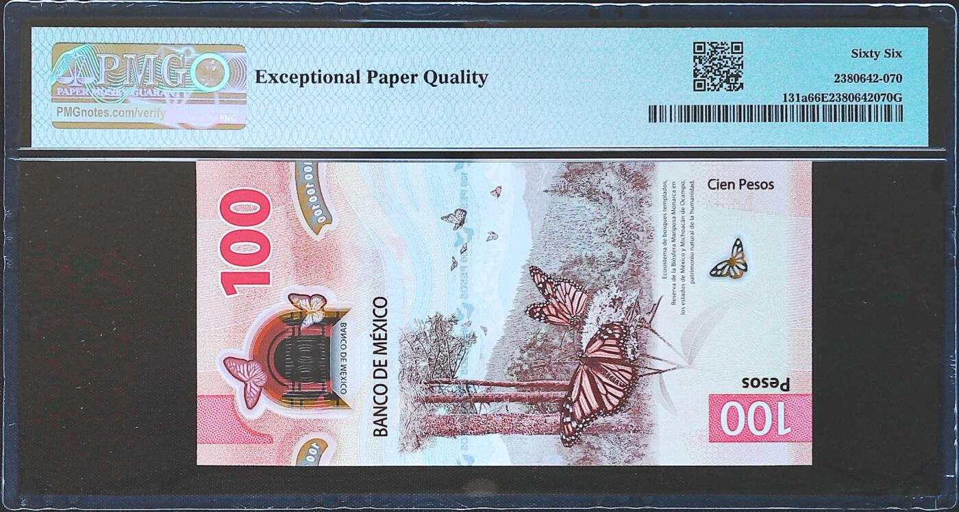 世界靓号纸钞第八十一期 2020年墨西哥100比索 首发AA冠 全程无47 PMG66 2020年IBNS世界最佳纸币