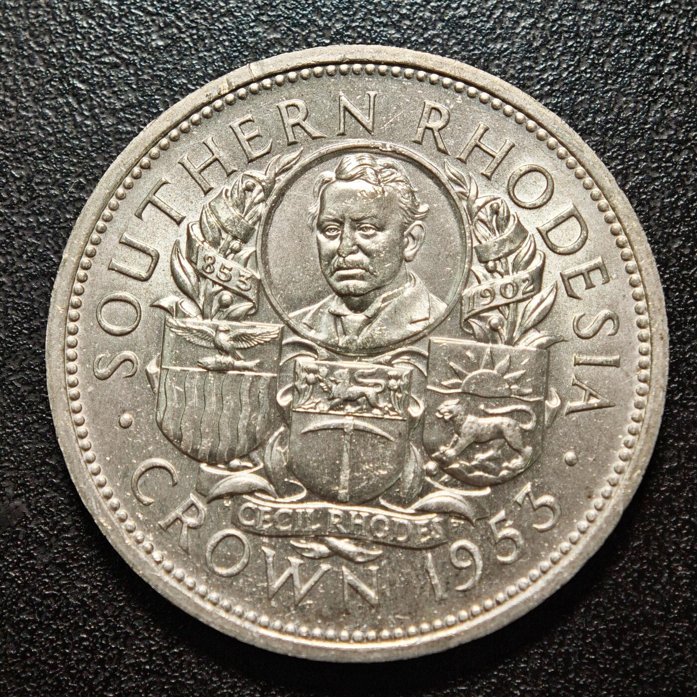 【德藏】世界币章拍卖第162期（拍品征集中~欢迎藏友联系） 1953年 南罗德西亚塞西尔·罗兹1克朗银币 直径约：38.6mm；重约：28.3g