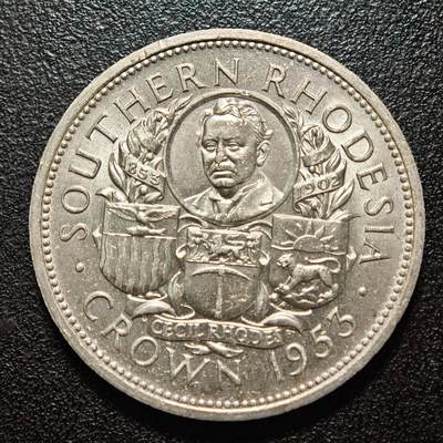 【德藏】世界币章拍卖第162期（拍品征集中~欢迎藏友联系） - 1953年 南罗德西亚塞西尔·罗兹1克朗银币 直径约：38.6mm；重约：28.3g