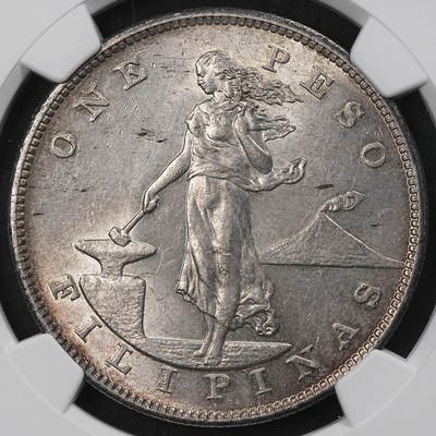 修遠堂世界钱币第101期 - NGC MS61 1903年美属菲律宾1比索大银币 稀少无厂铭版（费城造币厂），不是常见的S厂铭版（旧金山造币厂），明显低评，再送有可能加分
