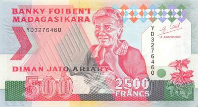 小福收藏拍卖第199期 裸钞场 本期有多张豹子号靓号 瑞士1000法郎 经典提香 毛里求斯首发年大全套 白俄罗斯5000000卢布 苏里南10000盾  爱沙尼亚  苏丹 西班牙 保加利亚 古巴等多国精美纸币 - 马达加斯加 1993年 2500法郎 罕见b版 unc