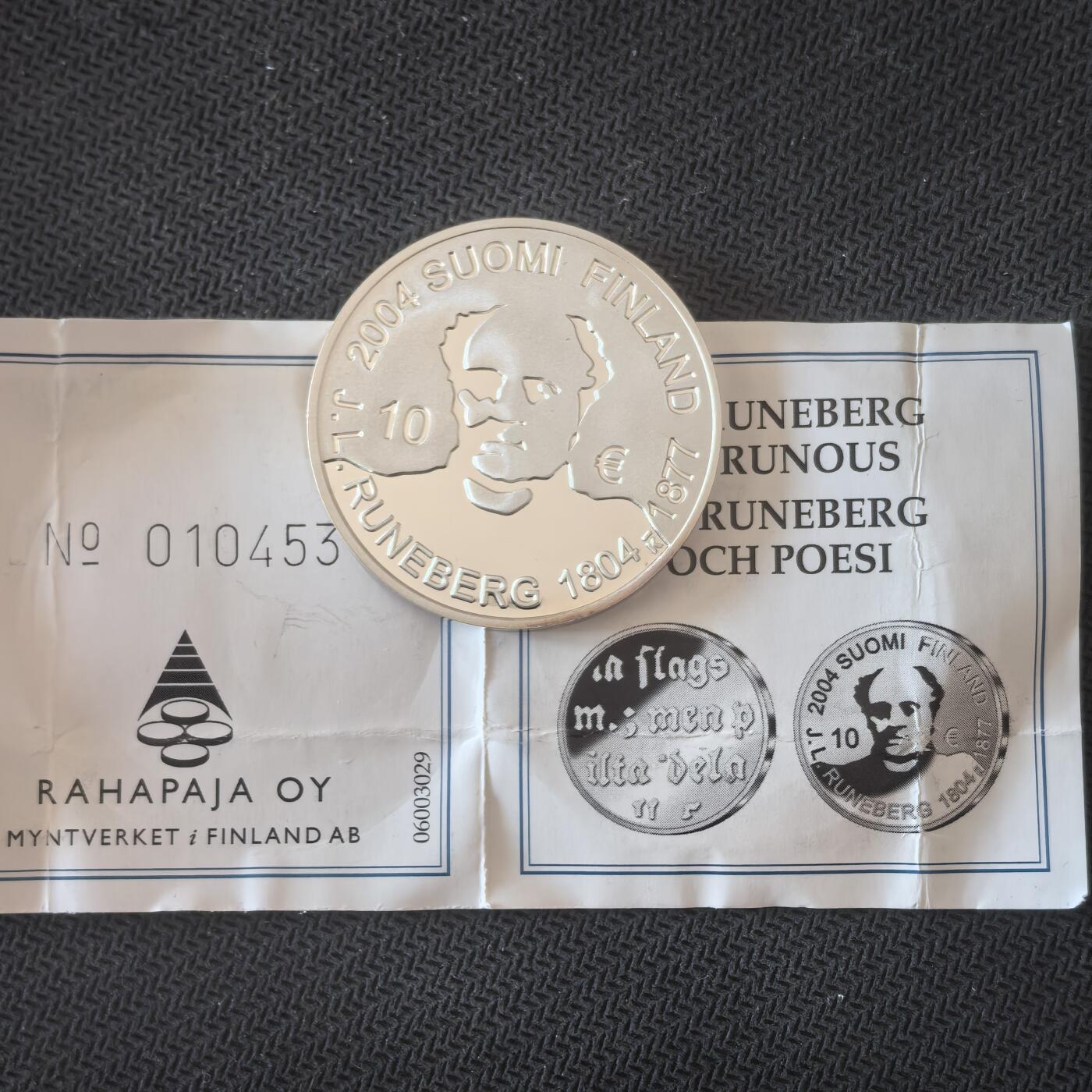 道一币馆币章第一百六十三场 带证书 芬兰2004年约翰·路德维希·伦斯伯格诞辰200周年10欧元精制银币