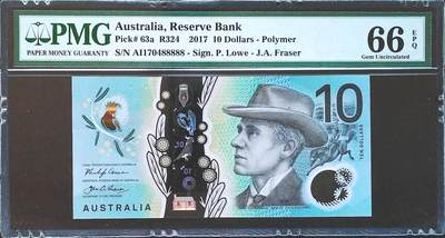 世界靓号纸钞第八十一期 - 2017年澳大利亚10元 全偶数 老虎号88888 PMG66