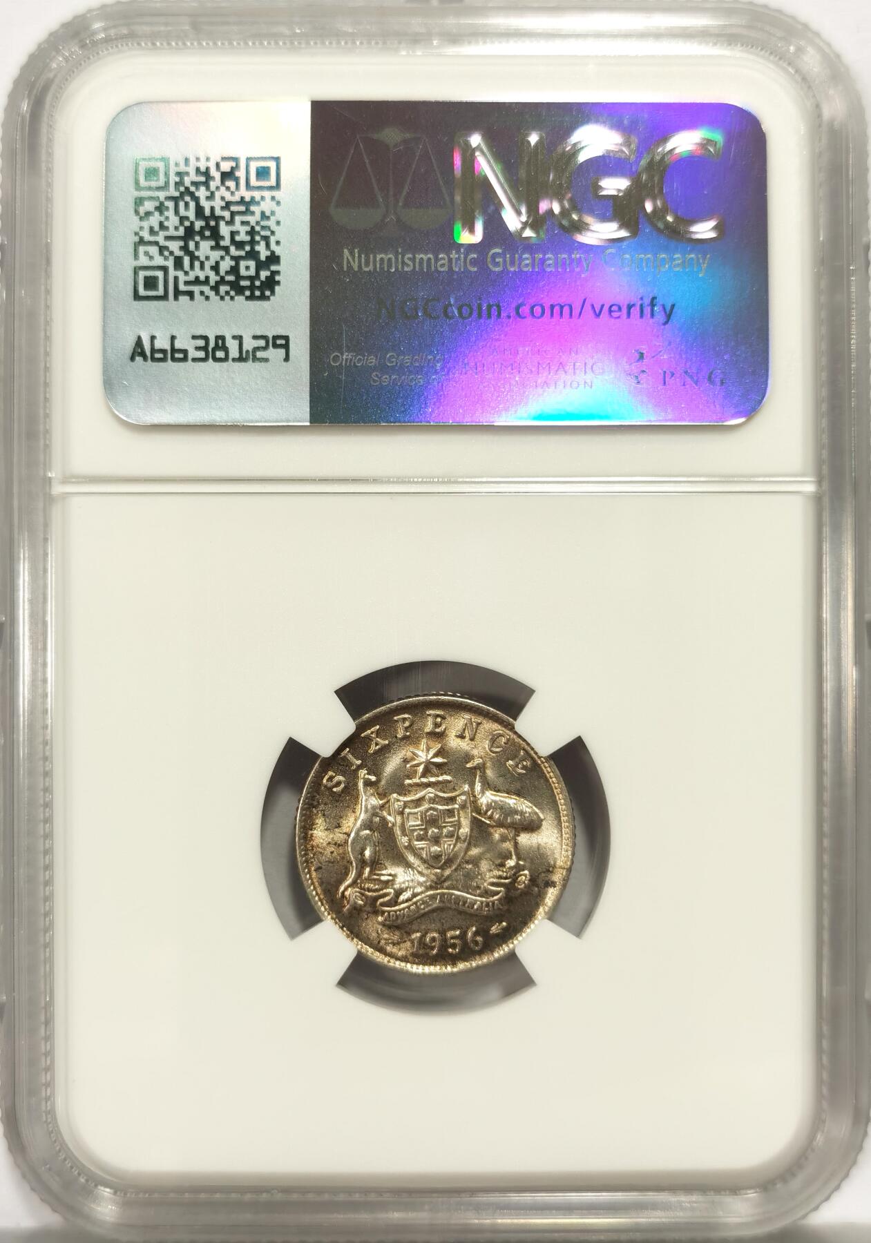 博洋堂世界钱币拍卖第157期（全场包邮） NGC MS63 英属澳大利亚1956年伊丽莎白二世6便士银币