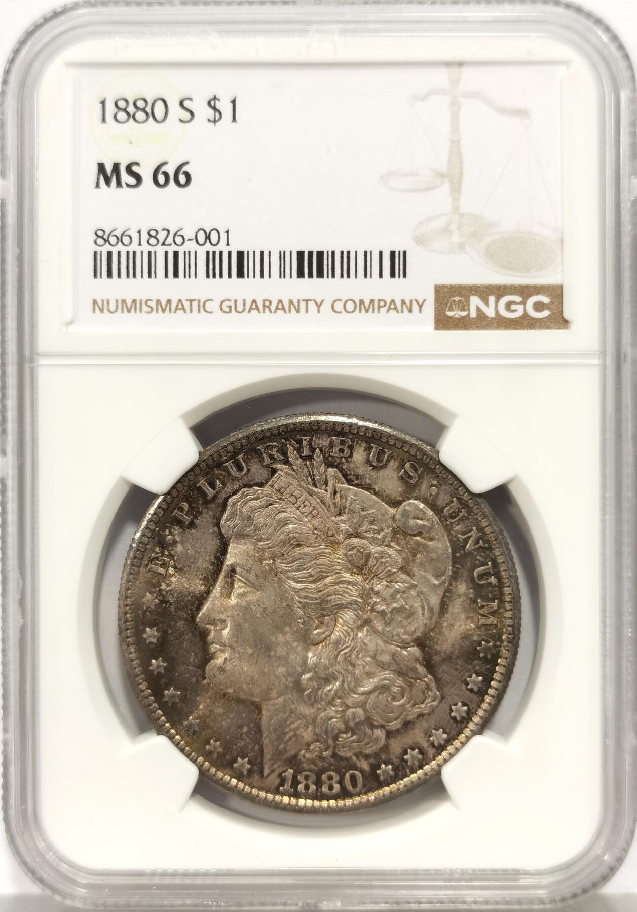 博洋堂世界钱币拍卖第157期（全场包邮） NGC MS66 美国1880 S 摩根 双面五彩包浆
