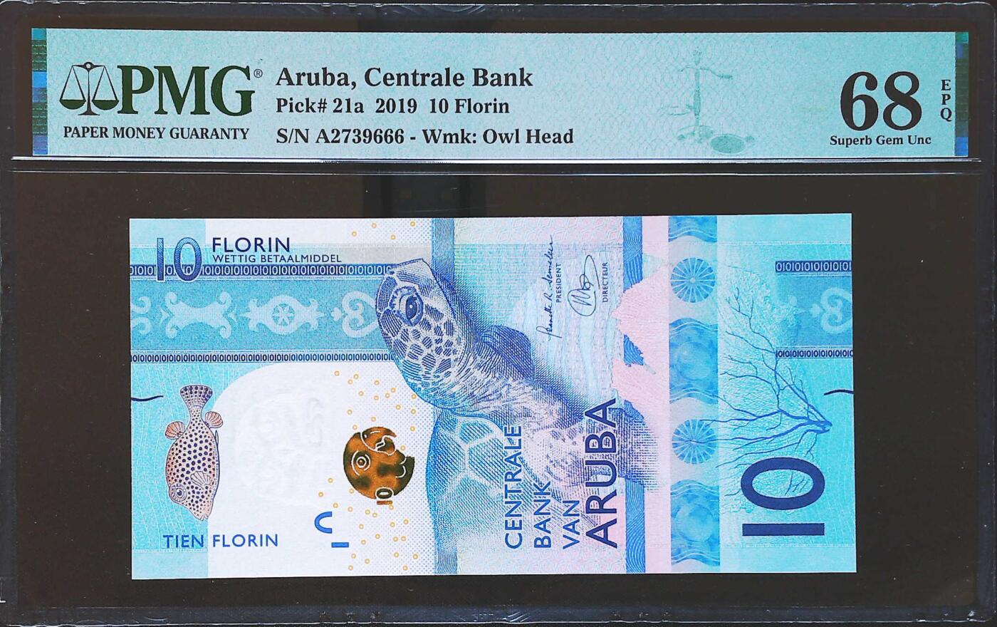 世界靓号纸钞第八十一期 2019年阿鲁巴10弗洛林 首发A冠 全程无4 豹子号666 PMG68 超高分 