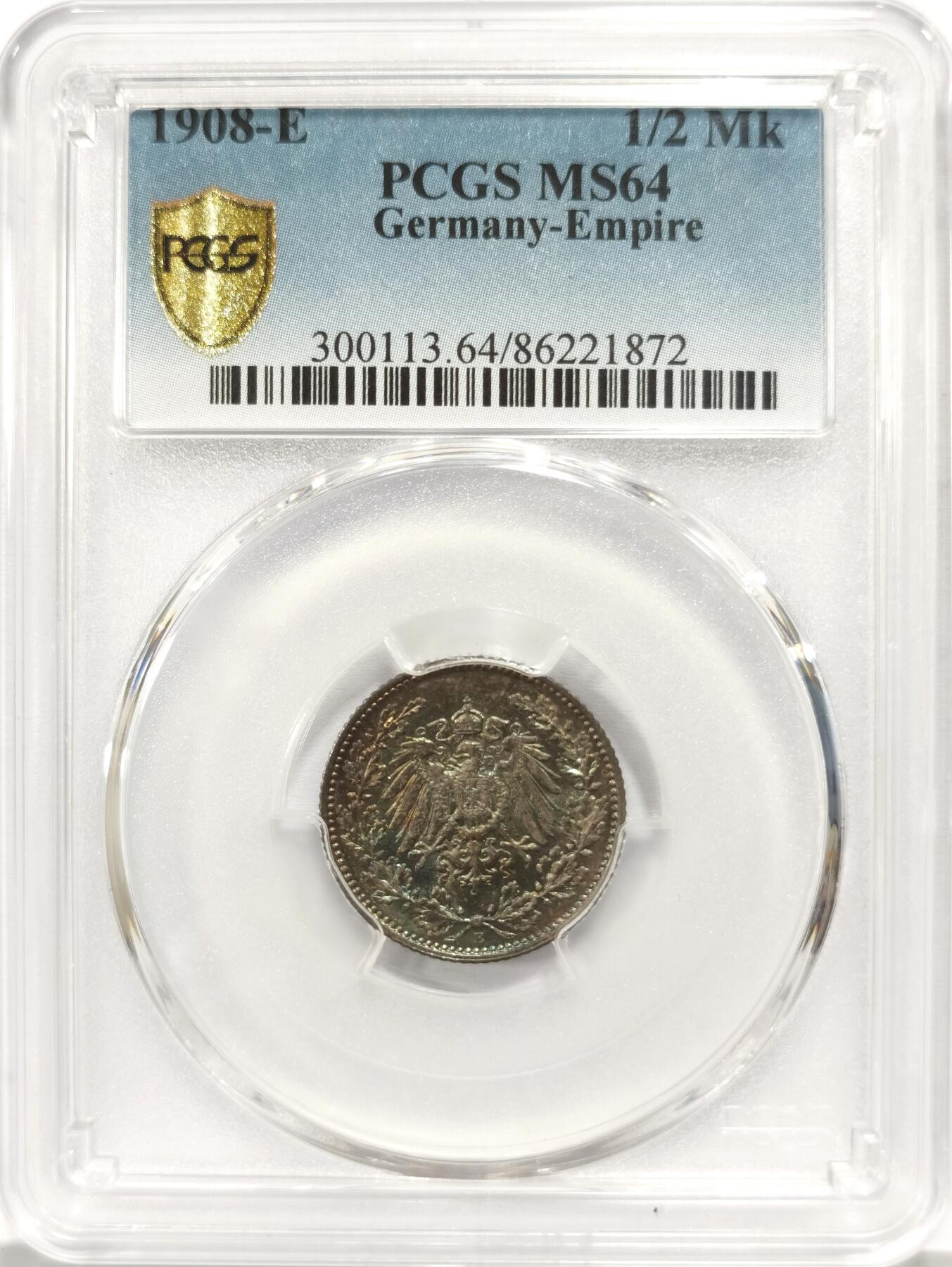 博洋堂世界钱币拍卖第157期（全场包邮） PCGS MS64 德国1908年E版1/2马克银币