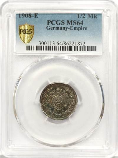 博洋堂世界钱币拍卖第157期（全场包邮） - PCGS MS64 德国1908年E版1/2马克银币