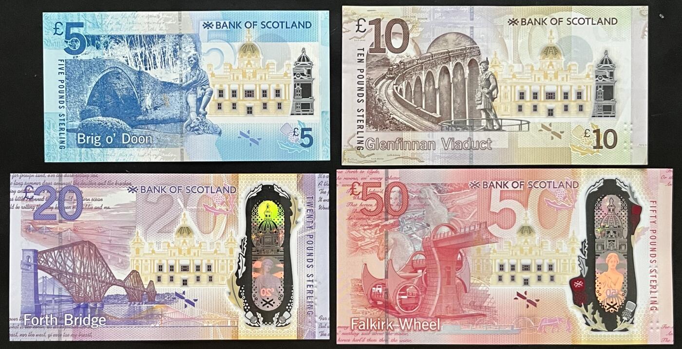 小福收藏拍卖第199期 裸钞场 本期有多张豹子号靓号 瑞士1000法郎 经典提香 毛里求斯首发年大全套 白俄罗斯5000000卢布 苏里南10000盾  爱沙尼亚  苏丹 西班牙 保加利亚 古巴等多国精美纸币 苏格兰 苏格兰银行 2016&2020年 5 10 20 50镑 塑料钞 1组4张（1张尾8 1张无47豹子号）） ef-aunc